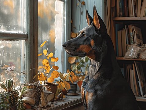 doberman dog sitting near window.Generative AI