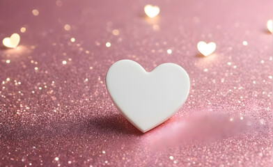 Fototapeta premium A small white heart on a sparkling soft pink background. Generative AI