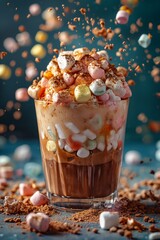 creative cocoa of different colors in glass with marshmallows with different splashes in dynamics on a blue simple background