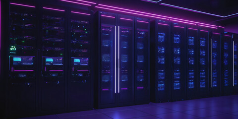 Server Room Showcase, Data Center Illuminated in Vibrant Purple Light with Rows of Servers, Technology, Networking, High-Tech Environment