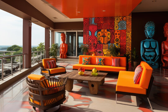 Large balcony afrocentric interior design bright and vibrant colors