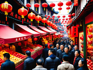 Naklejka premium Market Melody: A Captivating Glimpse into the Energetic Tapestry of a Vibrant Chinese New Year Bazaar, Where Busy Market Streets Come Alive with Festive Goods, Red Decorations, and Trad. generative AI