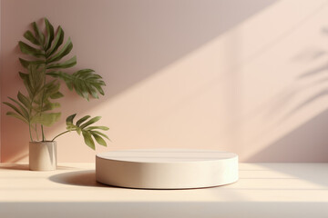 Leafy plant and round empty product podium in front of pastel color wall
