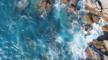 Aerial view of sea and rocks, ocean blue waves crashing on shore. Drone photo, top view of seascape ocean wave. Landscape with turquoise water beating rocky boulder. Azure beach nature background 