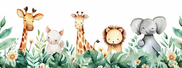 Watercolor Illustration Baby Safari Animal banner, white background