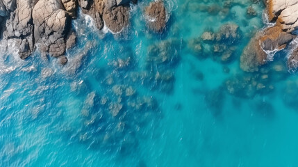 Drone photo, top view of seascape ocean wave. Landscape with turquoise water beating rocky boulder.  Azure beach with clear water. Aerial view of sea and rocks, ocean blue waves crashing on shore.  - obrazy, fototapety, plakaty