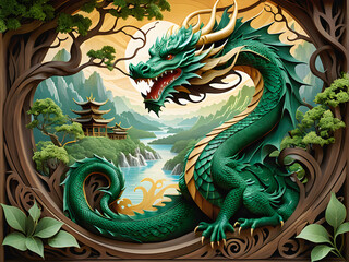 Fototapeta premium Chinese New Year symbol. Elemental Harmony: A Tranquil Coexistence of the Wood Dragon and Nature's Serenity. generative AI