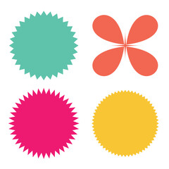 Set of vector starburst, sunburst badges. Different color. Simple flat style Vintage labels. Colored stickers. 66.11.