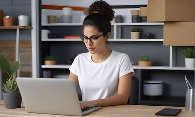 Hispanic Woman Software Developer Programming On Laptop Computer In Garage At Home.