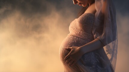 Close up view to woman hands gently cradling her pregnant belly amidst misty fog symbolizes tender connection between mother and her unborn child, tender joy of motherhood - obrazy, fototapety, plakaty