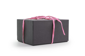 Black gift box with pink paper ribbon isolated on white background