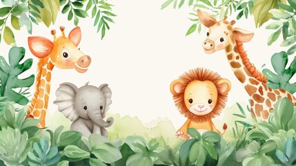 Obraz premium Watercolor Illustration Baby Safari Animal banner background