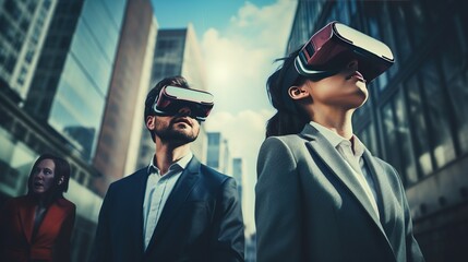 Urban commuters wearing sleek virtual reality glasses with a modern cityscape background - obrazy, fototapety, plakaty