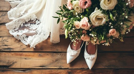 Bride, high heels and a bouquet of roses on a wooden floor, background for a solemn event. Created with Generative Ai technology.