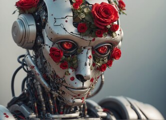 portrait of a robot with red eyes, the entire robot's head is covered with miniature bouquets of different colored roses, bright, calm tone