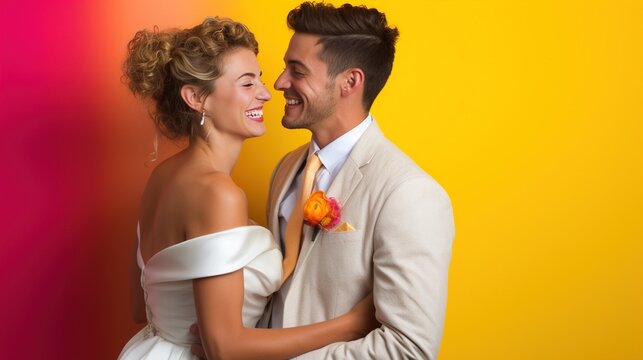 Wedding bliss captured in a real photo, stock photography style, featuring a happy young couple against a beautifully colored background