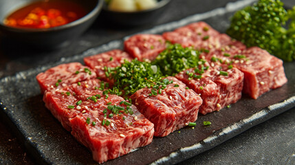 Japanese marbled beef steak. The meat is of very high quality. On the table. Unusual background. With spices and rosemary.