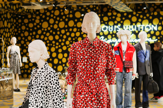 TOKYO, JAPAN - January 18, 2023: View of clothes and accessories which of part of a Yayoi Kusama and Louis Vuitton collaboration in a pop-up store in Tokyo's Harajuku area.