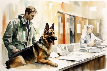 A white man brings his German Shepherd to the veterinary clinic for a checkup. watercolor illustrations