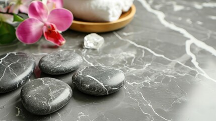 Fototapeta na wymiar Beautiful composition with spa stones on grey marble table