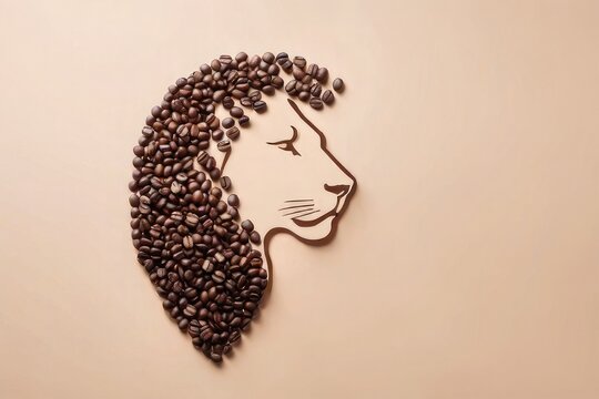 Coffee beans in the shape of a lion's head on a beige background
