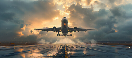 an airplane takes off from the end of the runway - obrazy, fototapety, plakaty