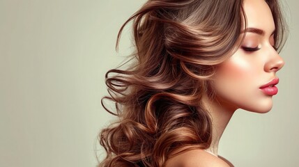 Naklejka premium Beautiful woman in profile with long and shiny wavy hair . Beauty model girl with curly hairstyle .