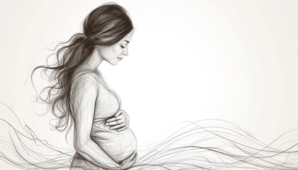 Line art sketch of pregnant woman on white background. Copy space. International Day of the Midwife, Day of the Medical Worker - obrazy, fototapety, plakaty