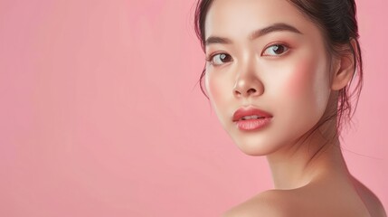 Fototapeta premium Beautiful young Asian woman with clean fresh skin on pink background, Face care, Facial treatment, Cosmetology, beauty and spa.