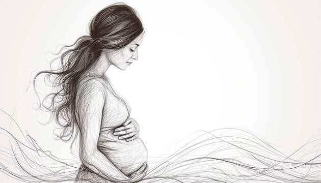 Line Art Sketch Of Pregnant Woman On White Background. Copy Space. International Day Of The Midwife, Day Of The Medical Worker