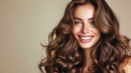 Naklejka premium Beauty brunette girl with long shiny curly hair . Beautiful smiling woman model wavy hairstyle . Cosmetology, cosmetics and make-up.