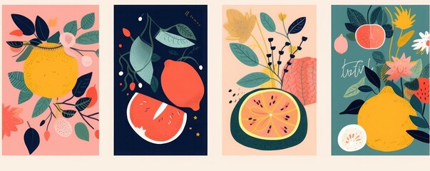 Fresh stylish posters with fruits, flowers, abstract elements and doodles, Generative AI 