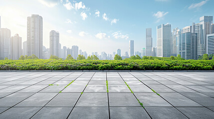 An open square floor adorned with greenery, set against the backdrop of a city skyline and buildings. Generative AI