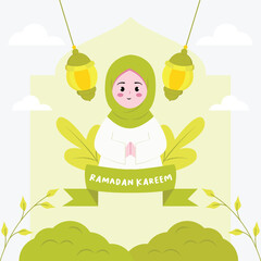 ramadan kareem vector illustration with woman in hijab