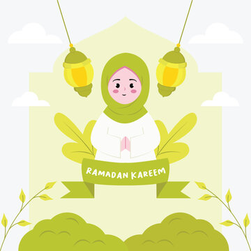 ramadan kareem vector illustration with woman in hijab