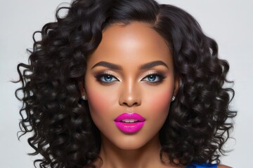 Fototapeta premium The image features a beautiful African American woman with curly hair and bright pink lipstick. She has a strong gaze and her hair is styled in tight curls.