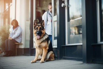 A German Shepherd waits patiently at the entrance to a veterinary clinic, with the dark entrance of the clinic and the image of a doctor in the background. - obrazy, fototapety, plakaty