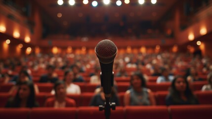 A single microphone on a stand is highlighted by a spotlight against a blurred background of an auditorium filled with an expectant audience, suggesting a live performance or speech. - obrazy, fototapety, plakaty