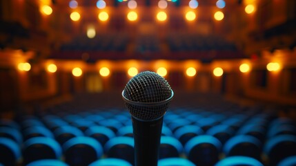 An empty stage with a single microphone stand at the center, spotlight shining down, in front of rows of empty seats in a dimly lit auditorium awaiting a performance. - obrazy, fototapety, plakaty