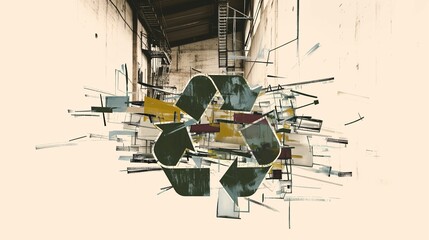 An abstract collage representing the industrial waste concept, featuring a prominent waste symbol at the center.