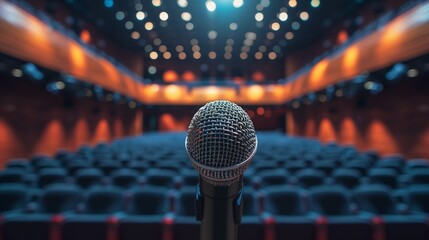 An empty stage with a single microphone stand at the center, spotlight shining down, in front of rows of empty seats in a dimly lit auditorium awaiting a performance.