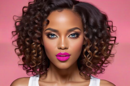 The image features a beautiful African American woman with curly hair and bright pink lipstick. She has a strong gaze and her hair is styled in tight curls.