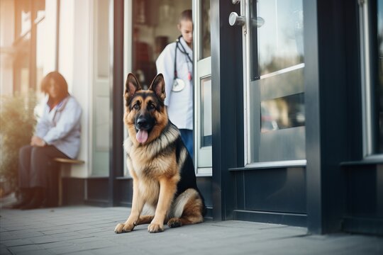 A German Shepherd waits patiently at the entrance to a veterinary clinic, with the dark entrance of the clinic and the image of a doctor in the background.