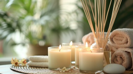 Fototapeta na wymiar Burning candles and aromatic reed freshener on table in spa salon, space for text