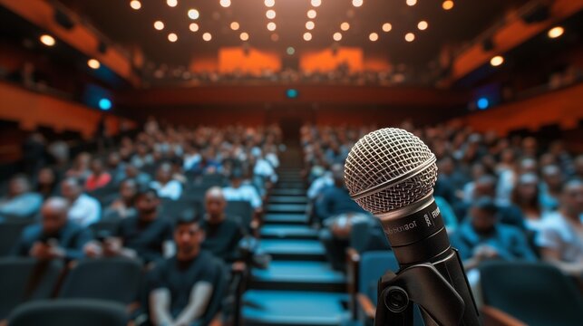 A single microphone on a stand is highlighted by a spotlight against a blurred background of an auditorium filled with an expectant audience, suggesting a live performance or speech.