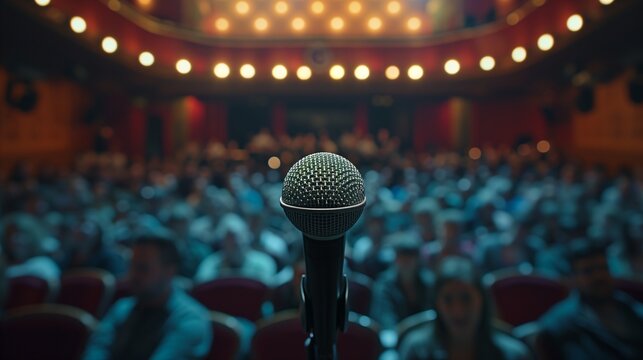 A single microphone on a stand is highlighted by a spotlight against a blurred background of an auditorium filled with an expectant audience, suggesting a live performance or speech.