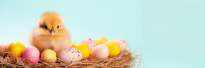 Cute Easter Chick sitting in a nest with easter eggs on isolated background - ai generative
