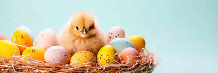 Cute Easter Chick sitting in a nest with easter eggs on isolated background - ai generative