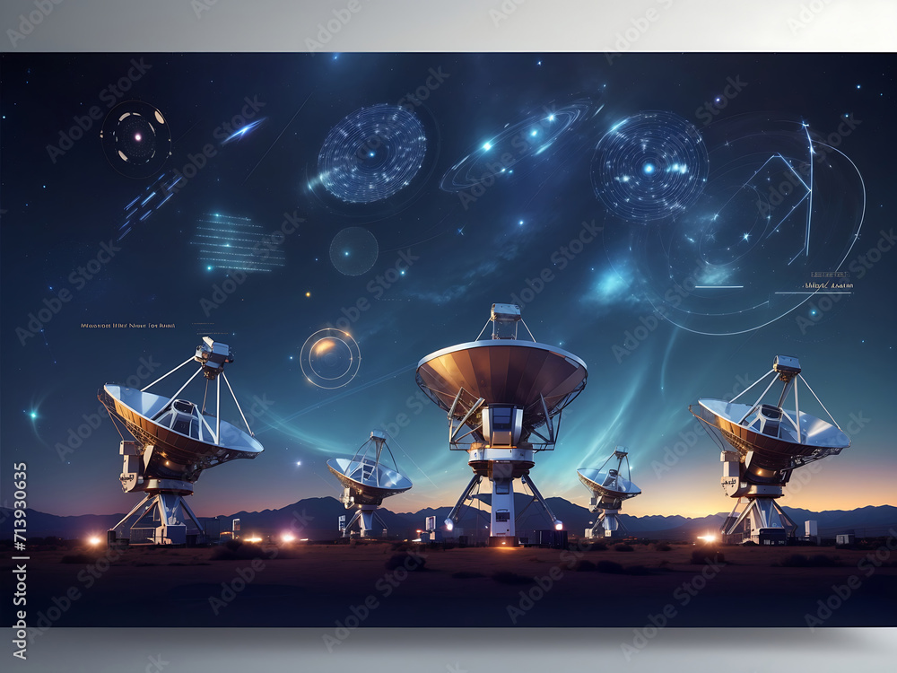 Wall mural collection set of radio telescopes at night with starry nights releasing with hologram hud as a wide