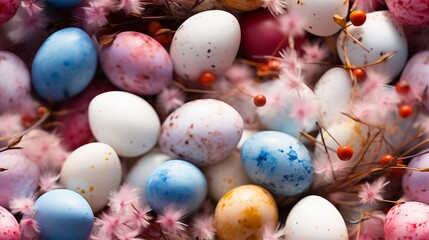 A charming seamless pattern with Easter eggs adorned in pastel watercolor hues, creating a soft and elegant design.